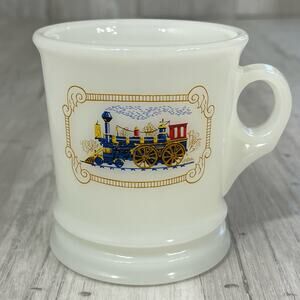 Vintage Avon Milk Glass Shaving Mug 8oz Cup with Train Locomotive Graphic